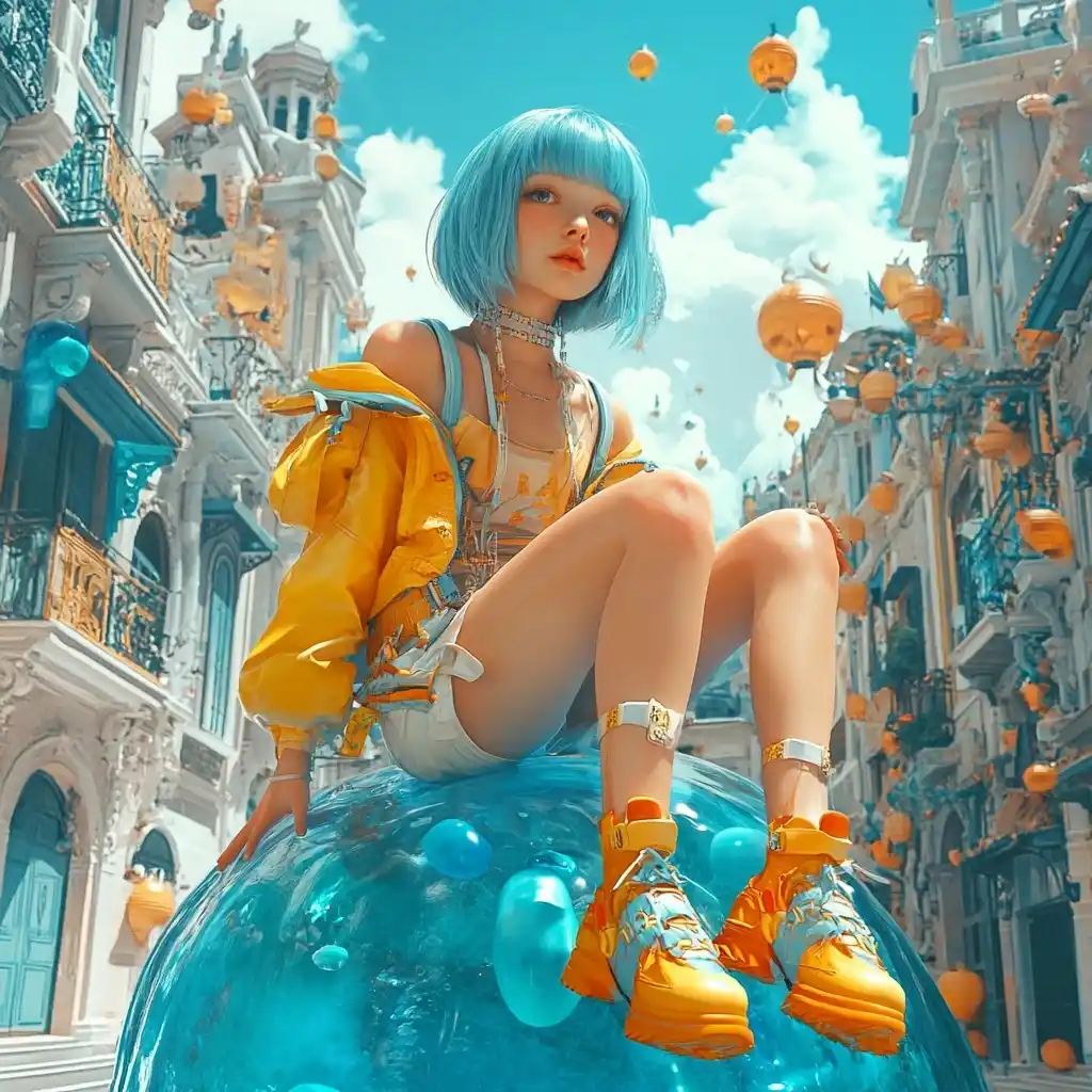 Blue-Haired Girl on Jelly Midjourney提示词