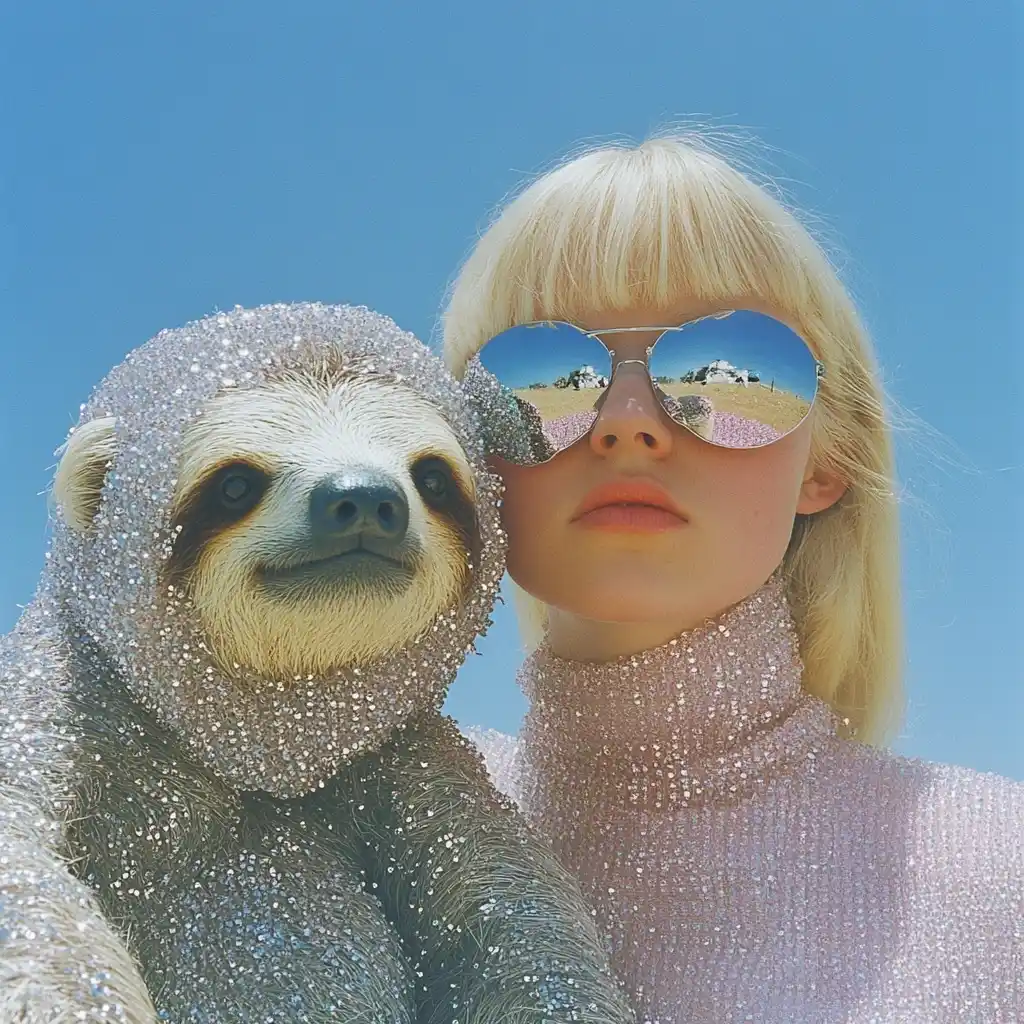 Blonde Woman with Sloth Midjourney提示词