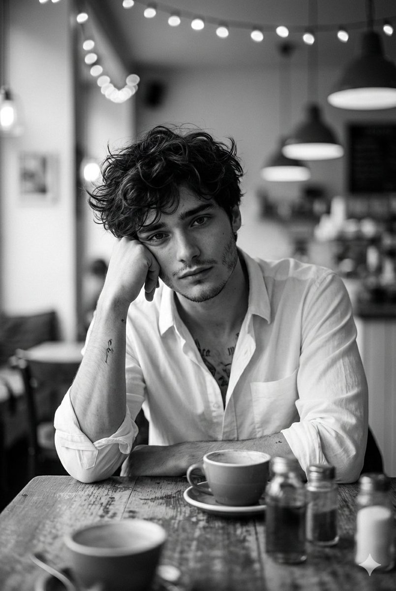 Black and White Cafe Portrait of Pensive Man Nano Banana提示词