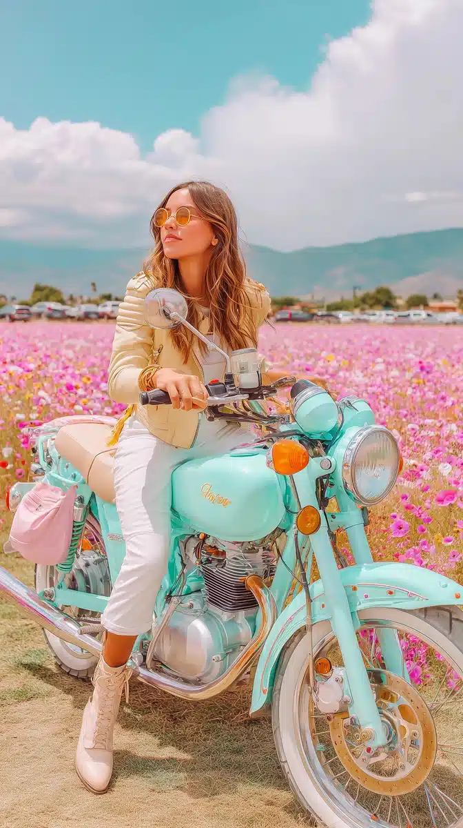 Leather-Clad Woman on Motorcycle Midjourney提示词