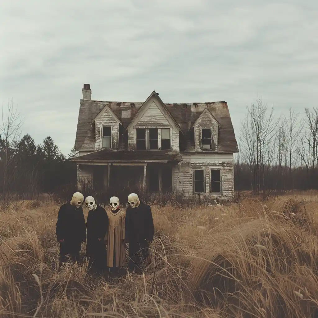 Cinematic Masked Group in Field Midjourney提示词
