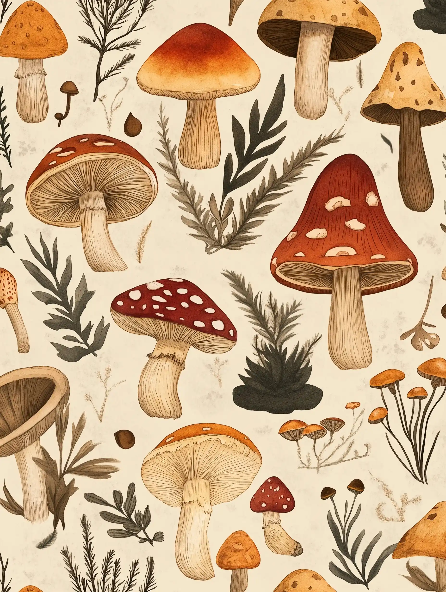 Vintage Earth Toned Mushrooms Midjourney提示词