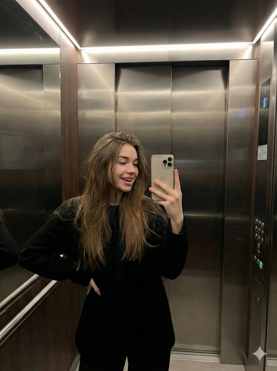 Young Woman Selfie in Elevator - Cheerful Candid Portrait Nano Banana提示词