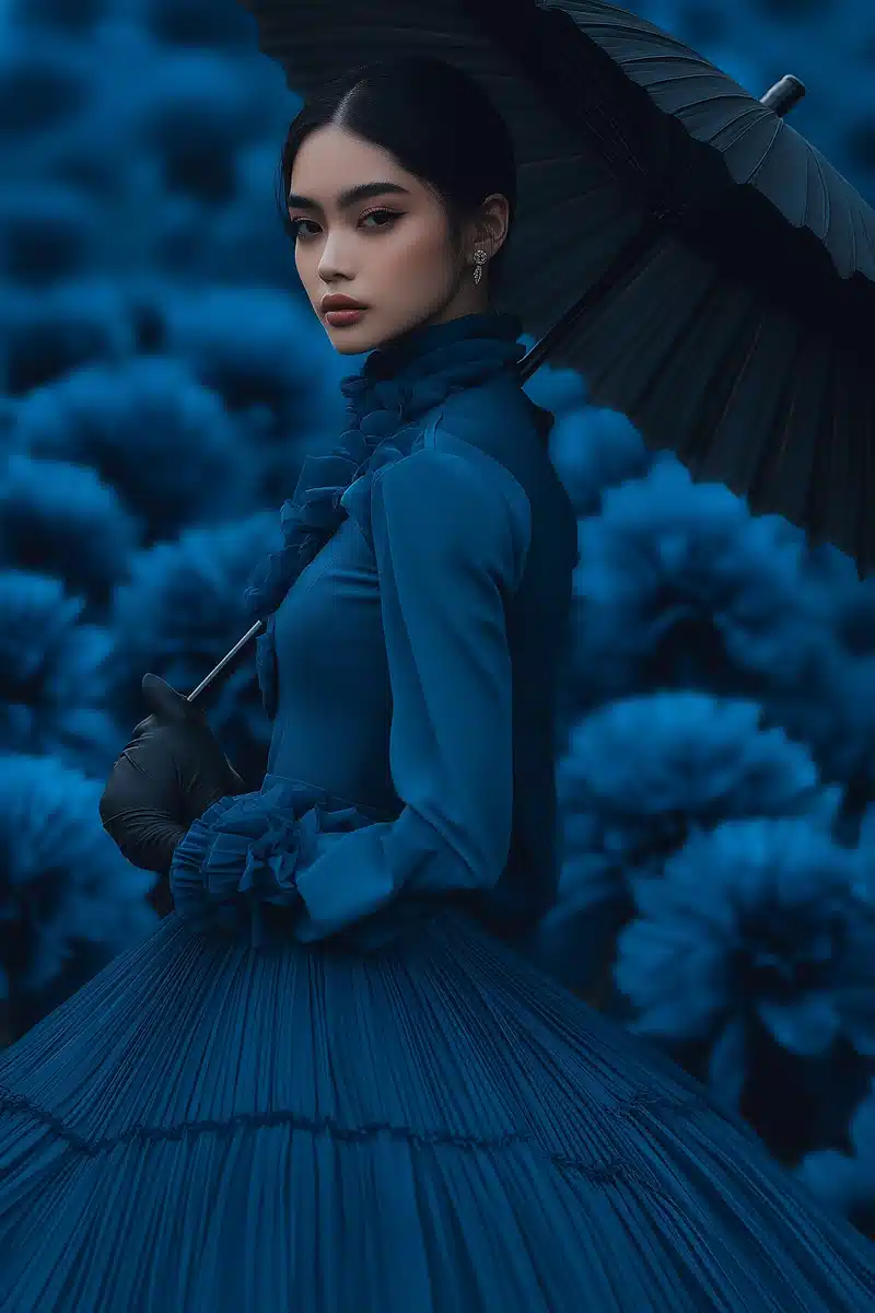 Model in Blue Flower Midjourney提示词