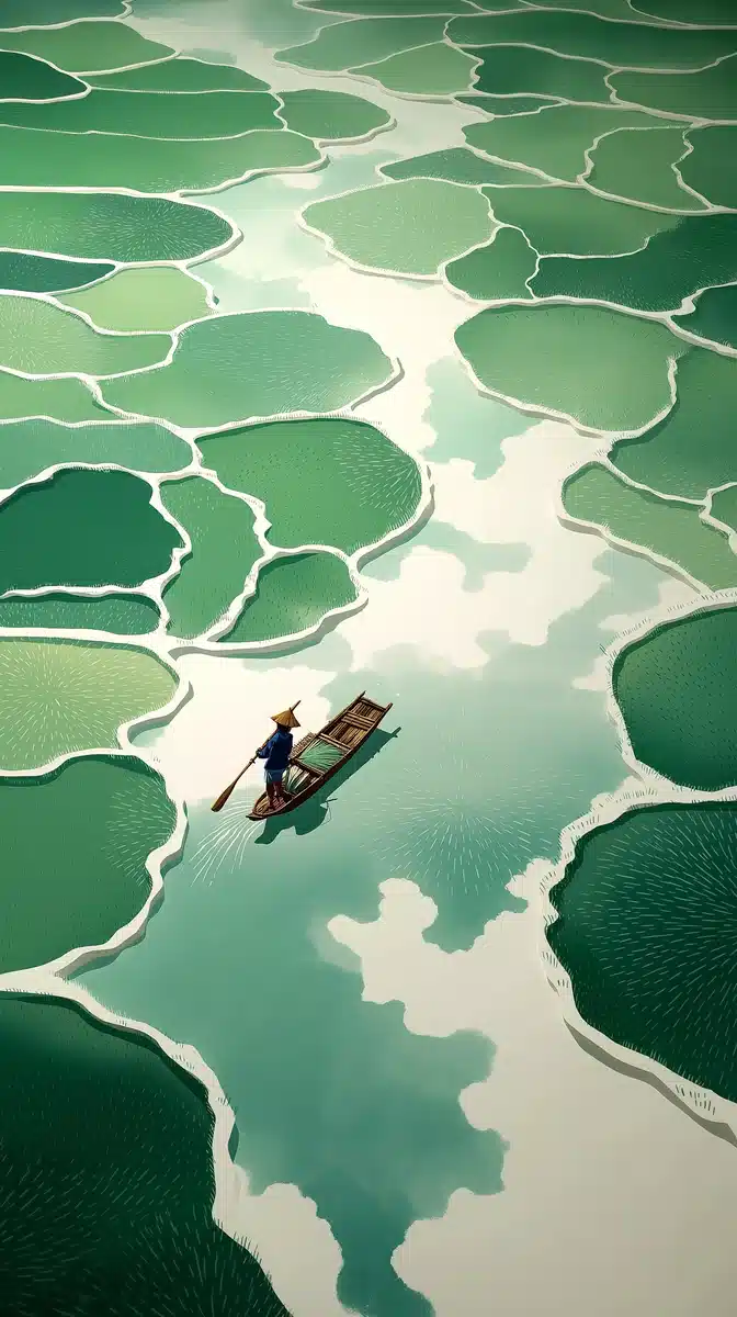 Minimalist Surreal Rice Paddies Midjourney提示词