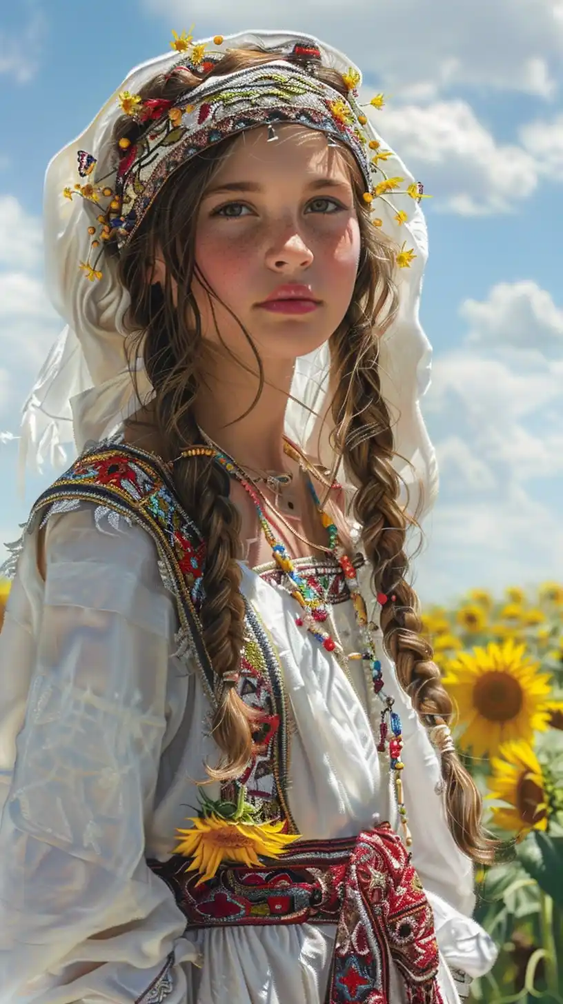 Embroidered Girl in Sunflowers Midjourney提示词