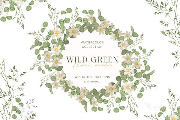 Watercolor wild flowers greenery