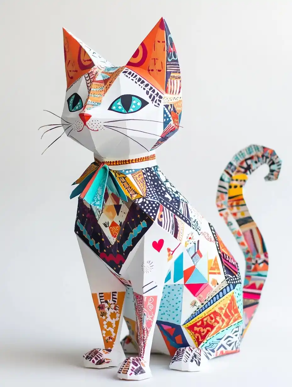 Whimsical Paper Craft Cat Midjourney提示词