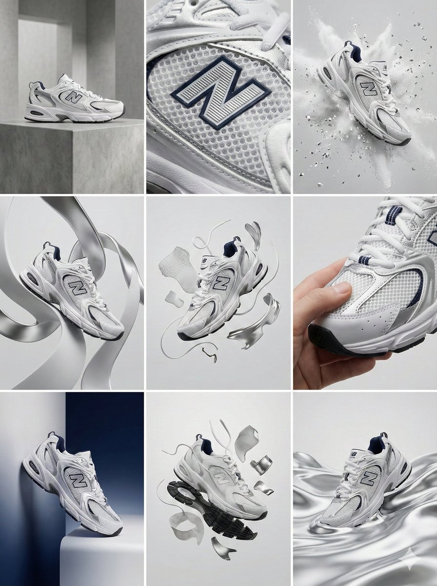 New Balance 530 Sneakers Product Photography Showcase Nano Banana提示词