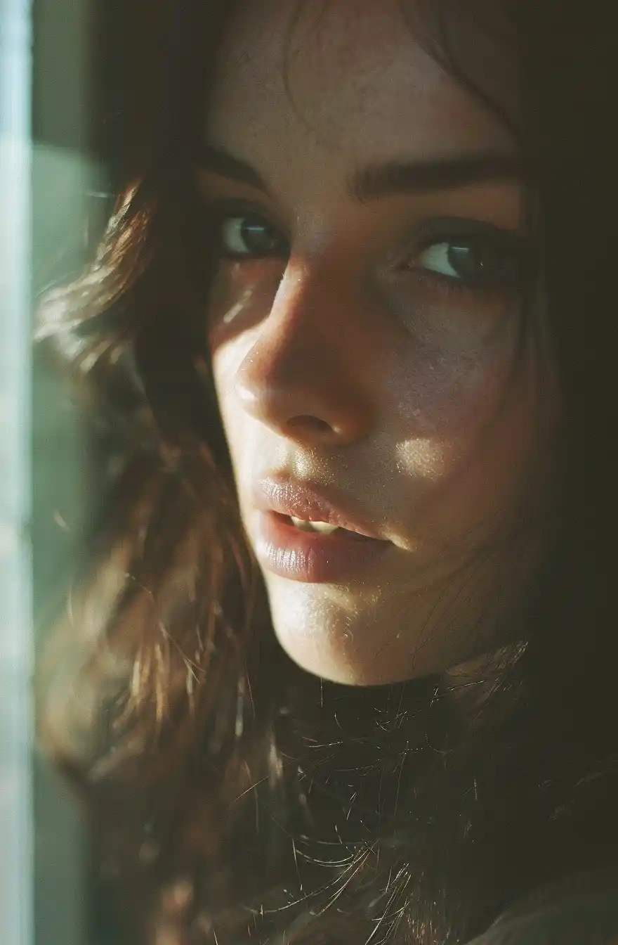 Brunette Reflection in Glass Midjourney提示词