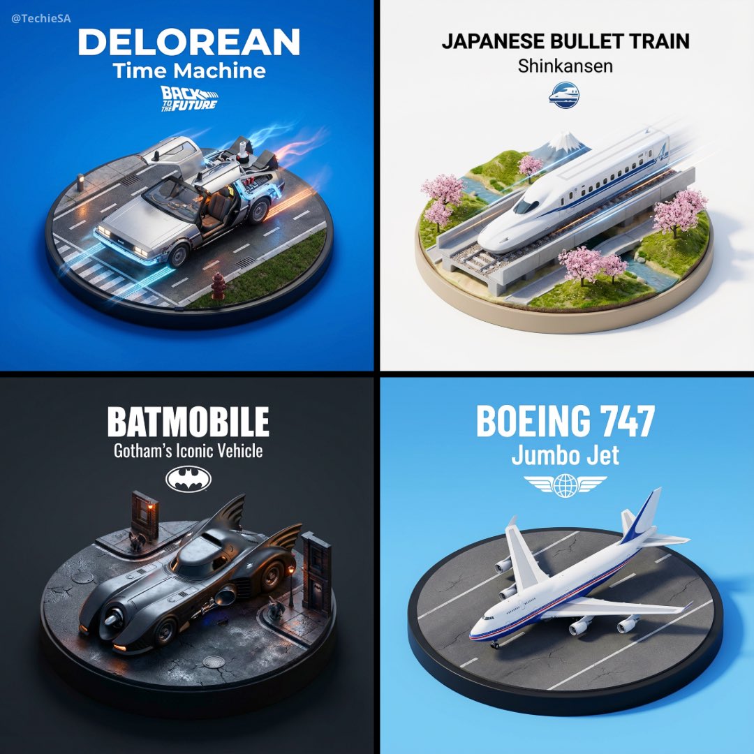 Iconic 3D Vehicle Miniatures: DeLorean, Shinkansen, Batmobile Nano Banana提示词