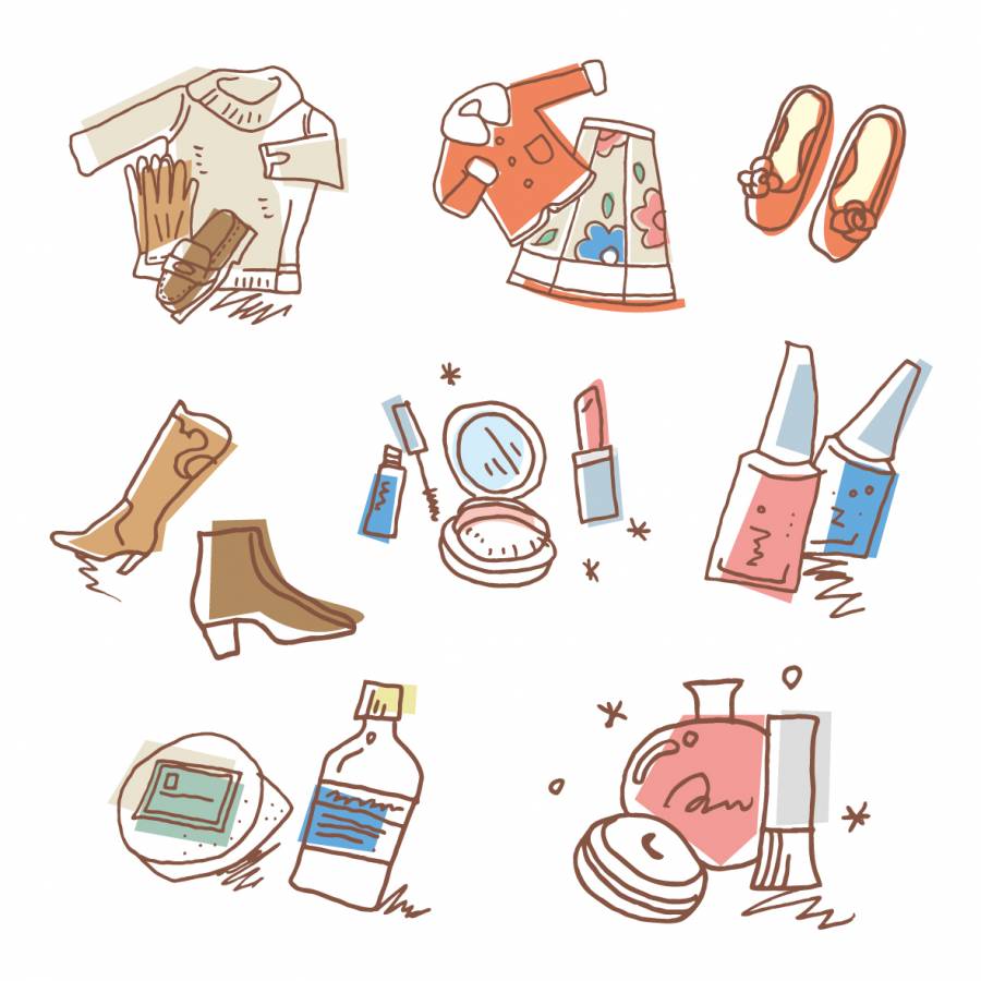 女性的衣服和化妆品的插图