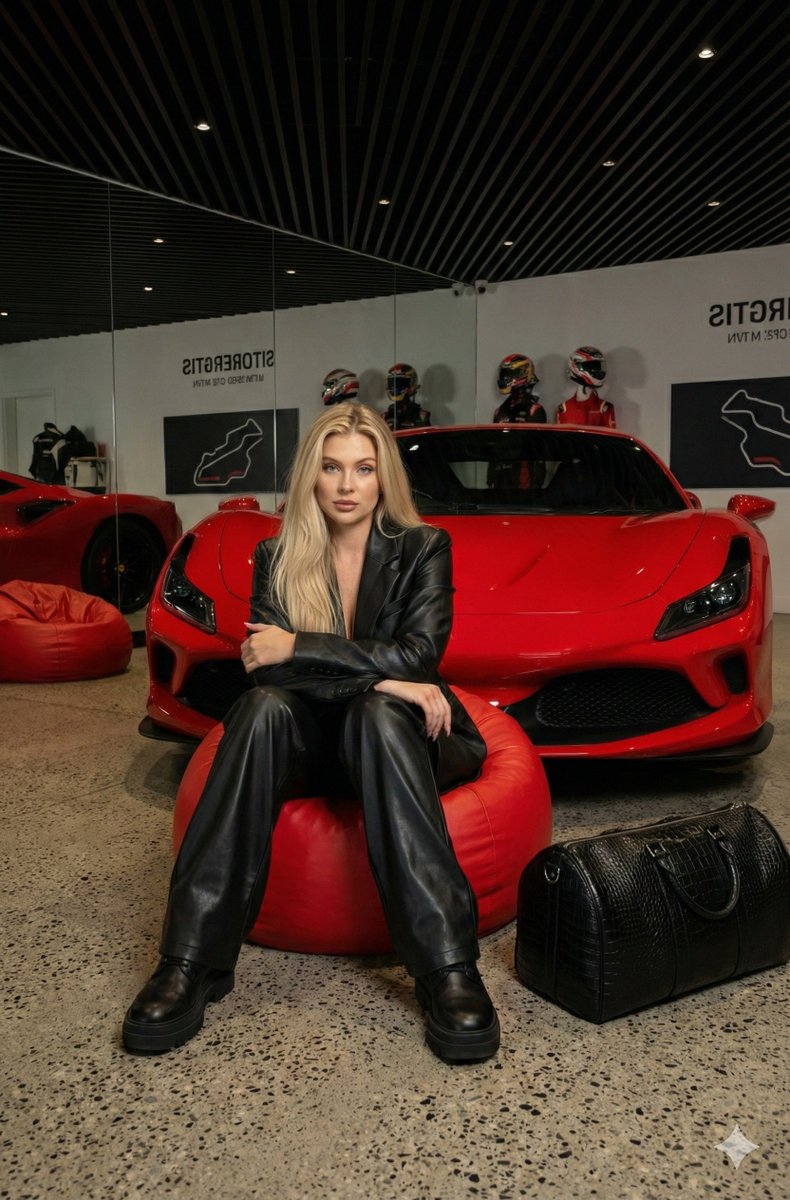 Blonde Woman in Leather Outfit with Red Ferrari Showroom Nano Banana提示词