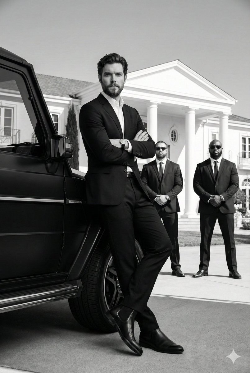 Luxury Lifestyle Portrait: Man in Suit, G-Wagon, Bodyguards Nano Banana提示词