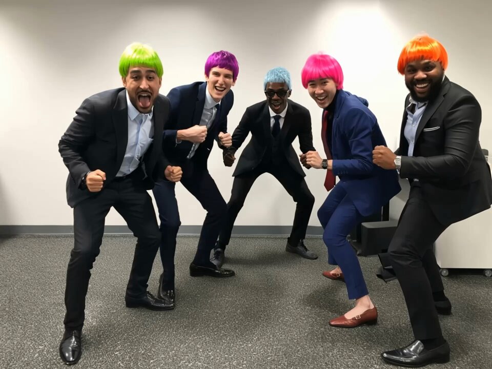 Playful Business Portrait: Men in Suits & Bright Wigs Nano Banana提示词