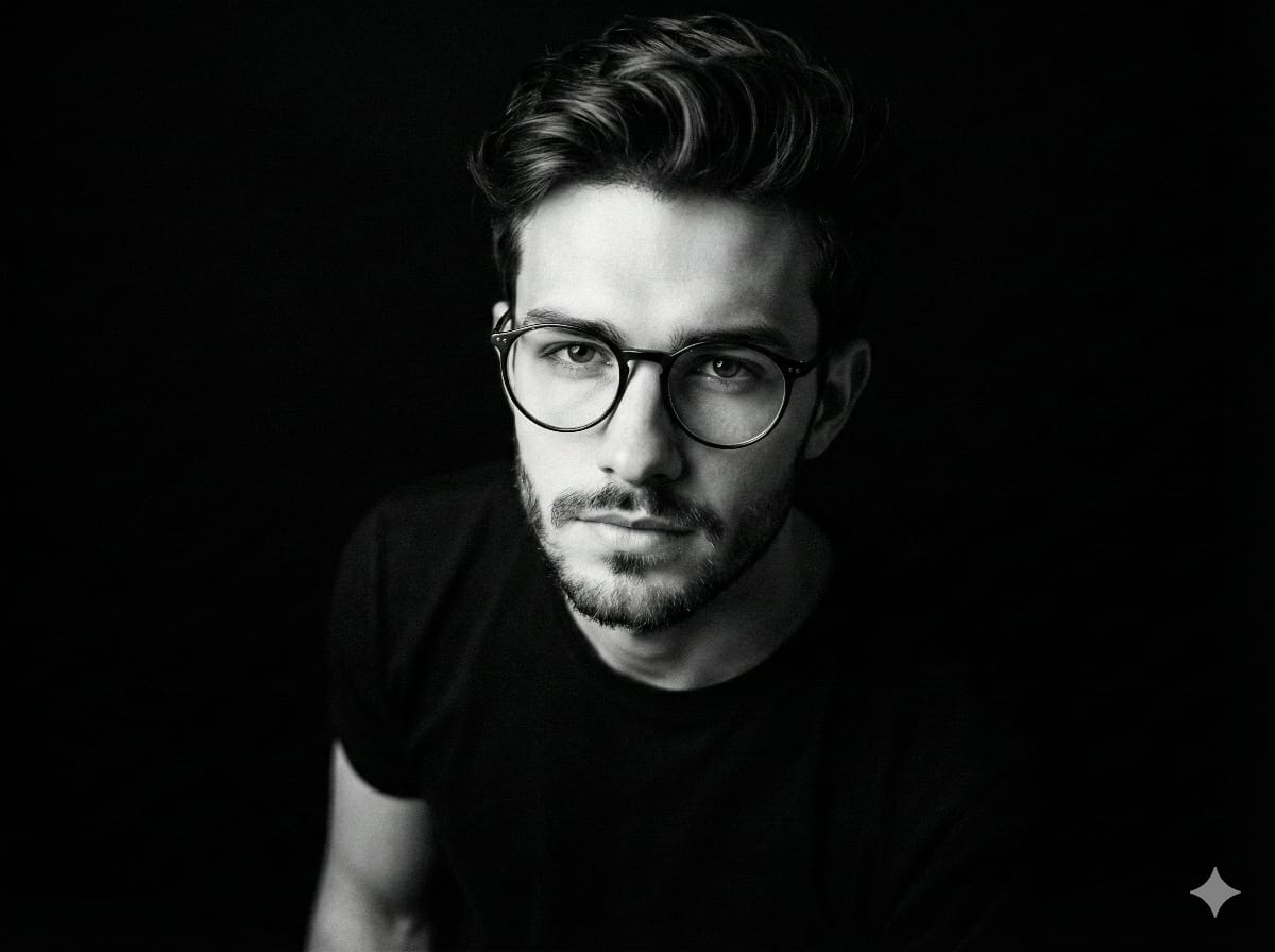 Black and White Portrait of Man with Glasses and Beard Nano Banana提示词