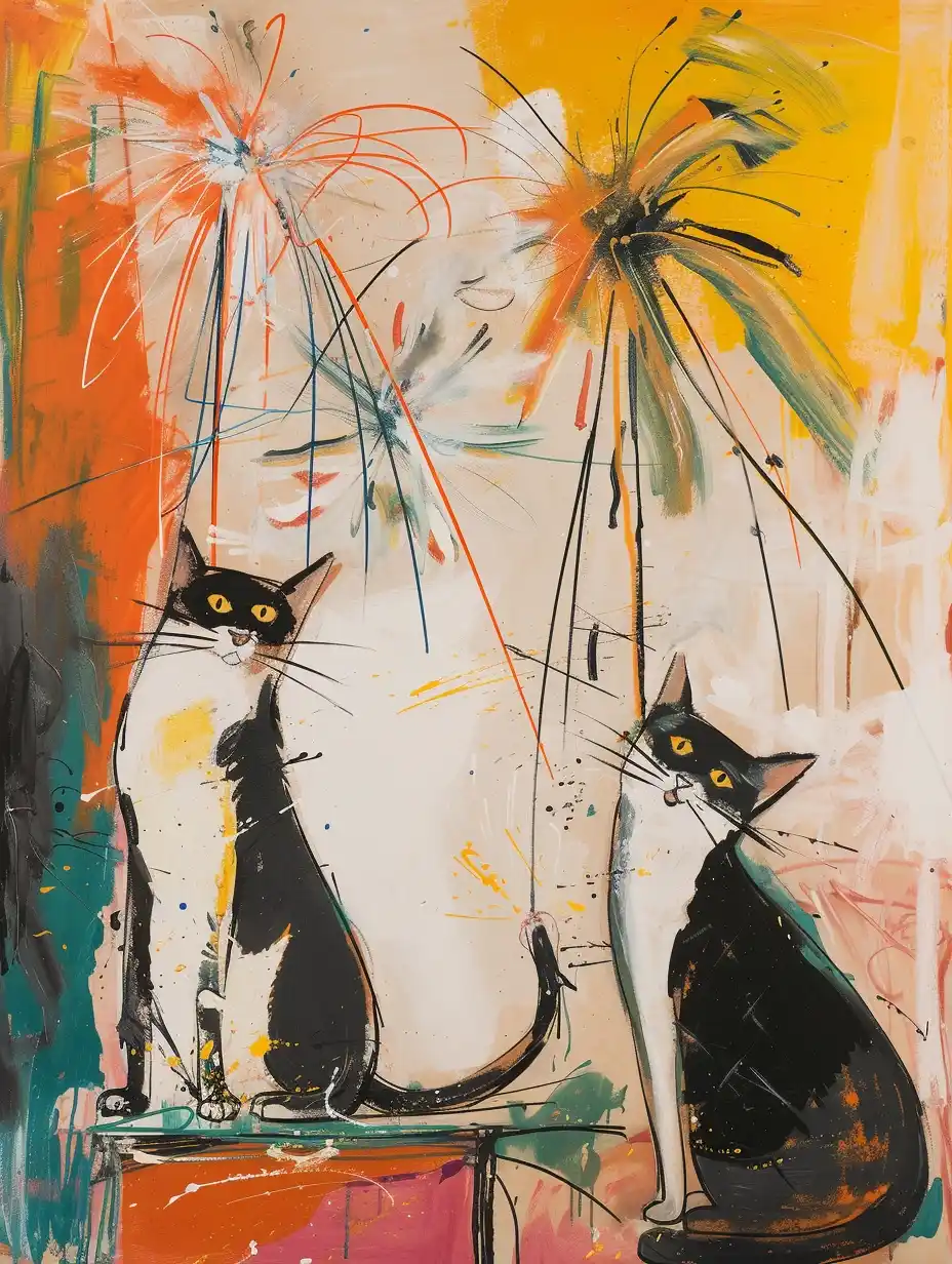 Animated Cats Fireworks Midjourney 提示词生成效果