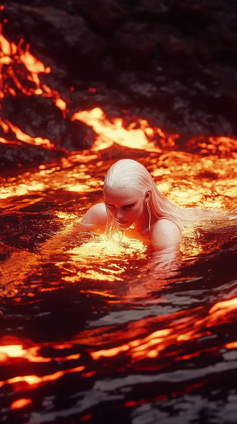 Albino Woman Swimming in Lava Midjourney提示词