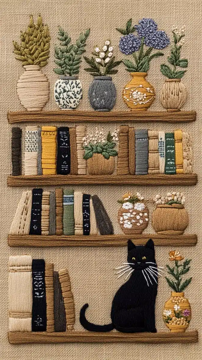 Embroidered Bookshelf with Cat Midjourney提示词