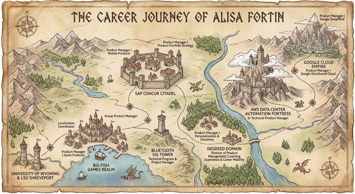 Alisa Fortin Career Journey Fantasy Map - Professional Nano Banana提示词