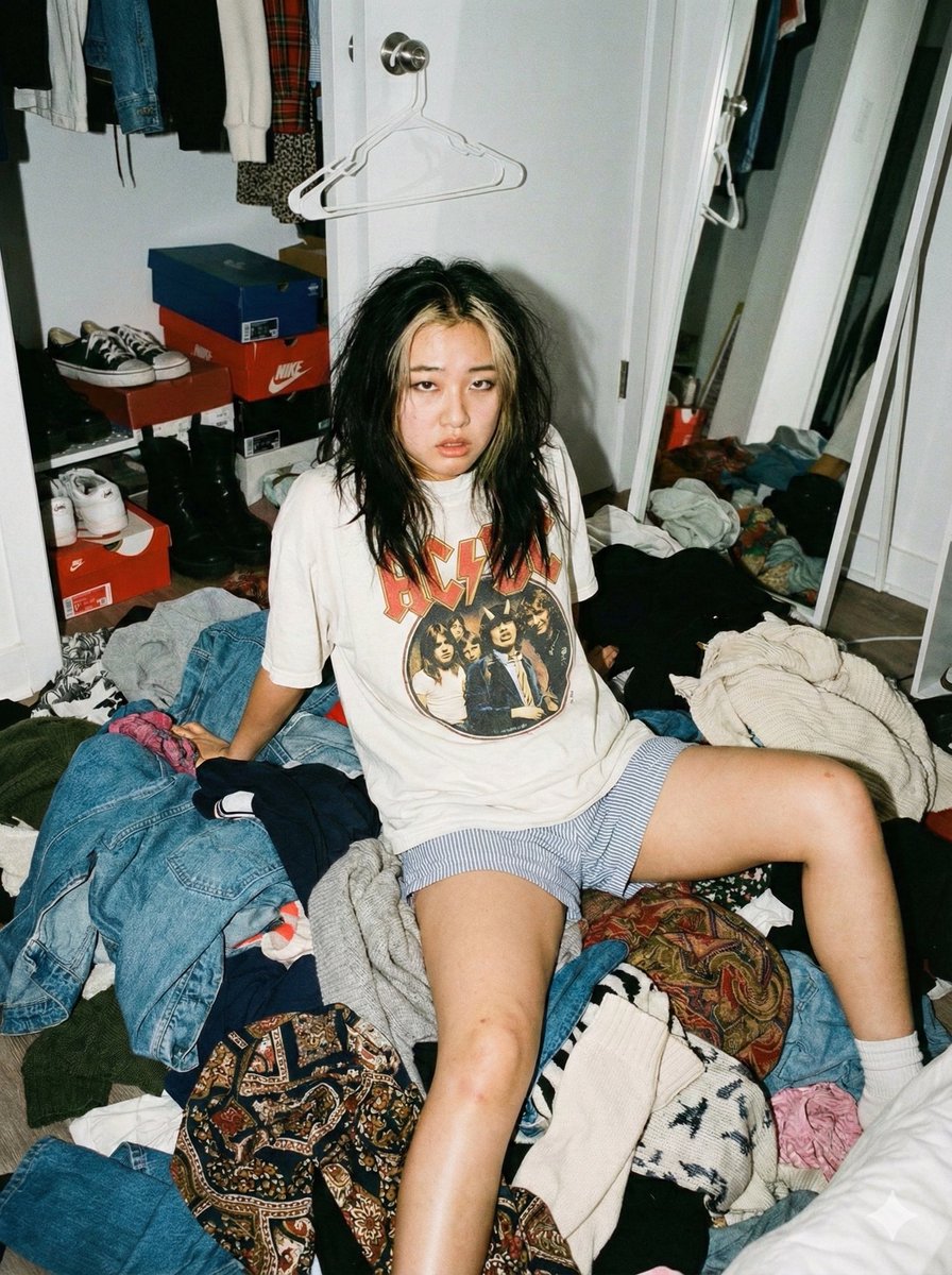 Candid Portrait: Young Woman in Messy Room, AC/DC Shirt Nano Banana提示词