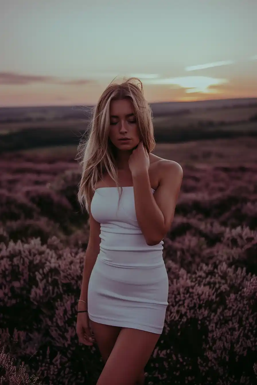Fashionable Heather Field Portrait Midjourney提示词