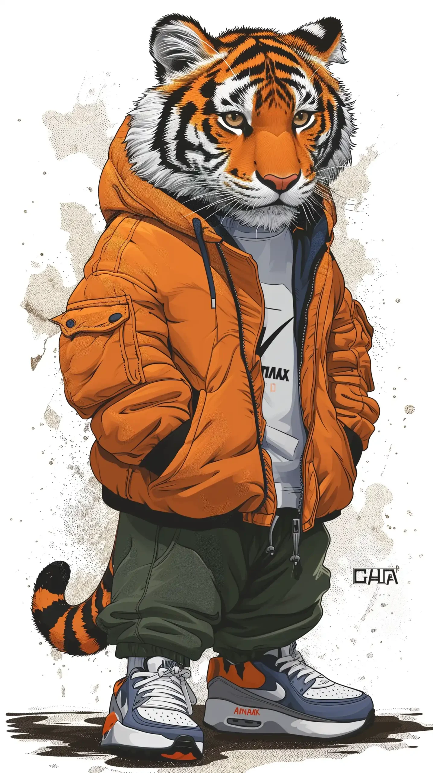 Cartoon Tiger in Air Max 90 Midjourney提示词