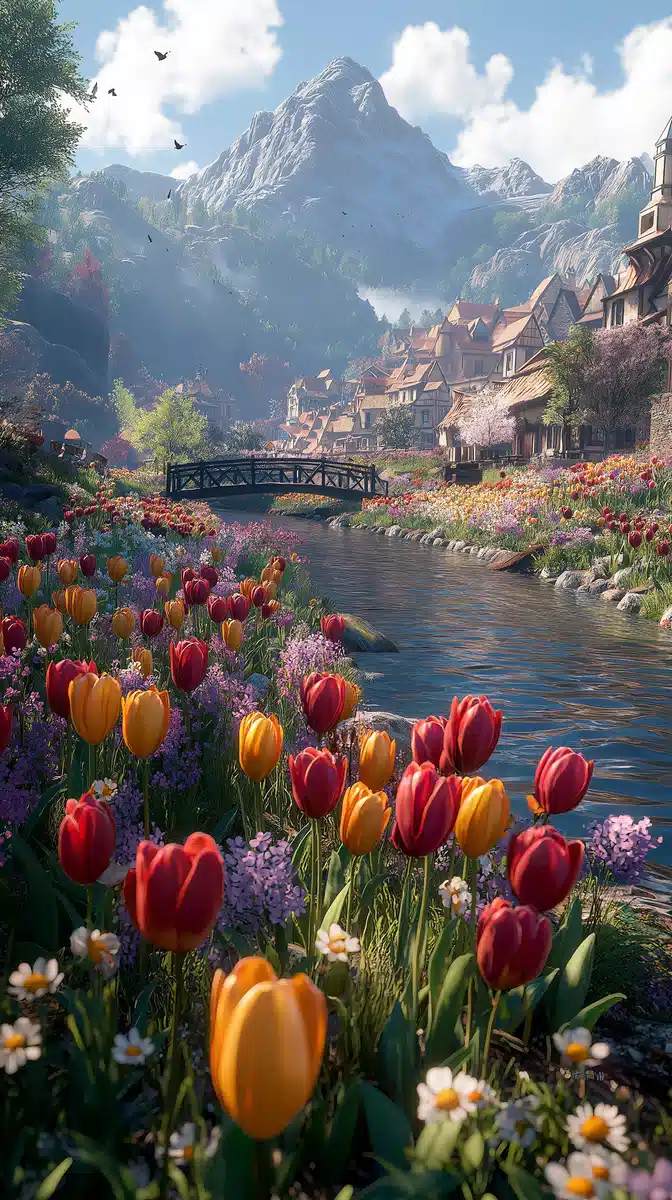 Vibrant Spring Landscape Scene Midjourney提示词