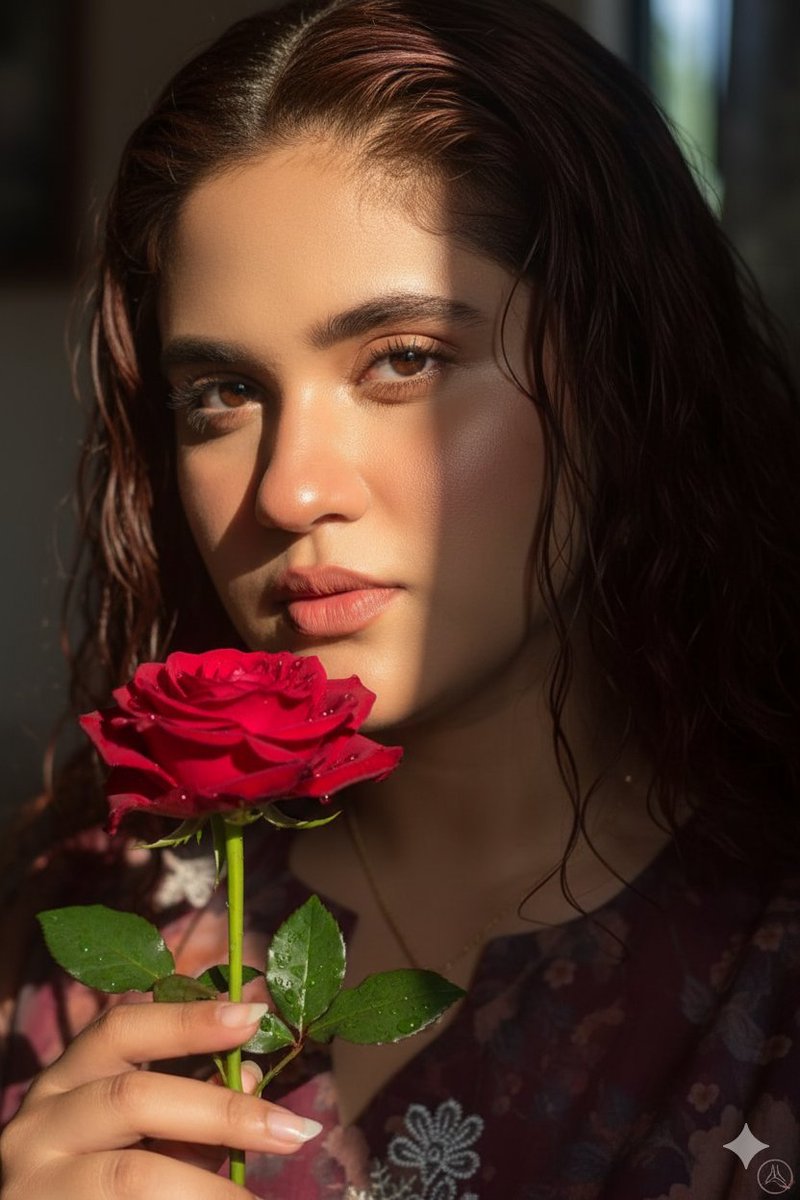 Photorealistic Portrait: Woman Holding Red Rose, Natural Light Nano Banana提示词