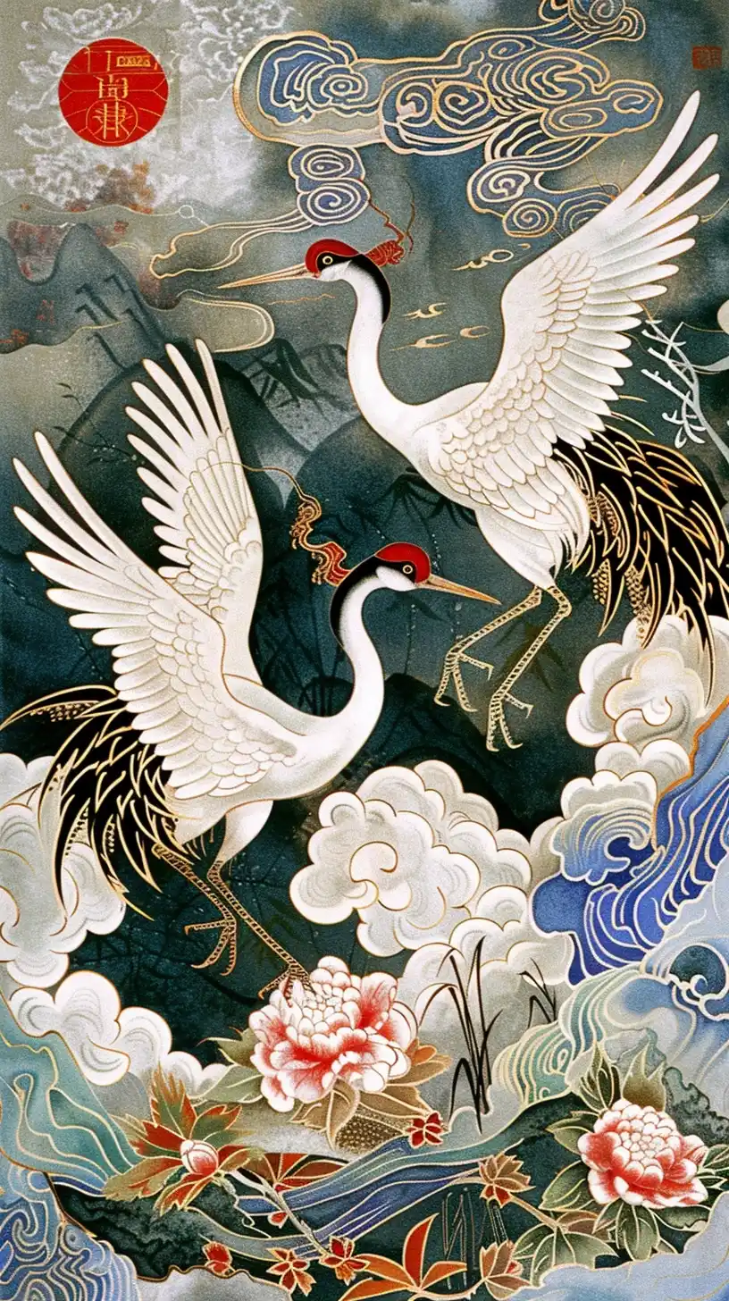 Chinese Crane Printmaking Midjourney提示词
