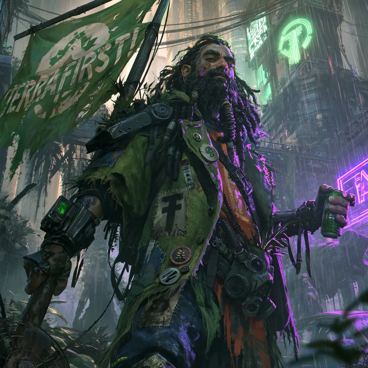 Cyberpunk Dwarf Eco-Activist Portrait Midjourney提示词