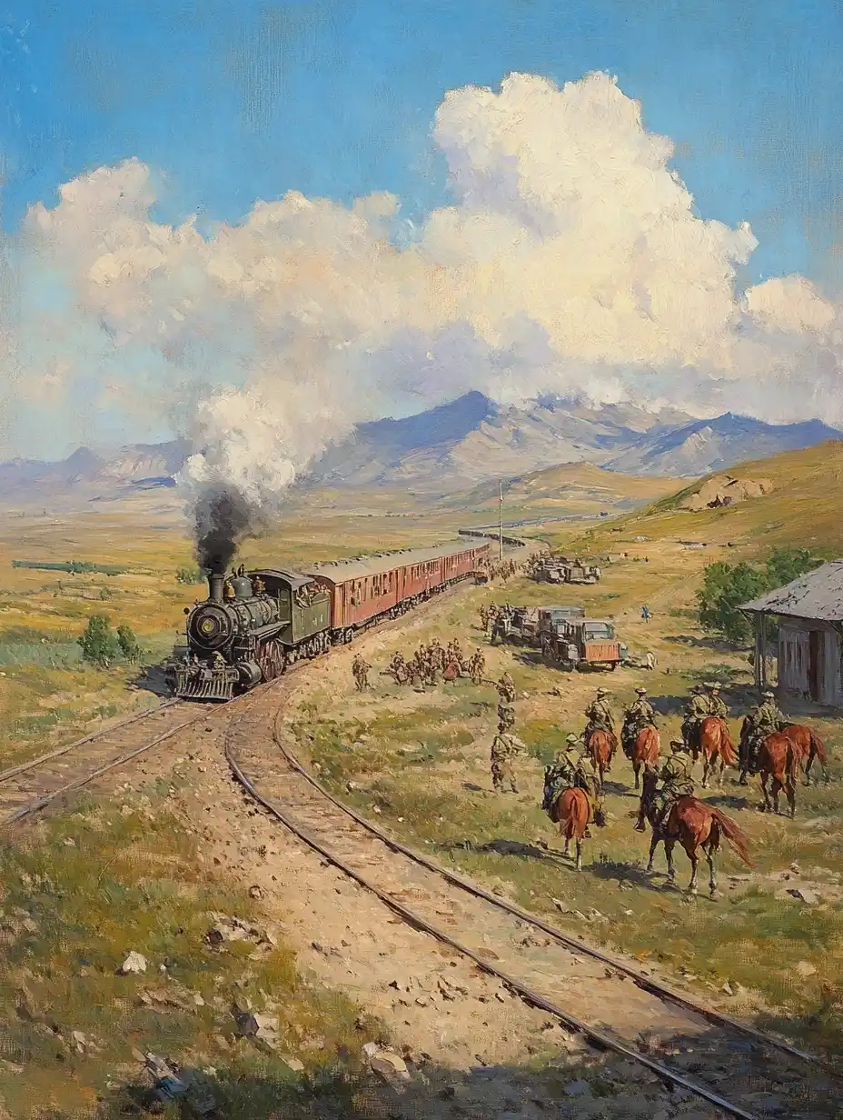 Kyrgyz Steppe Railway Scene Midjourney提示词
