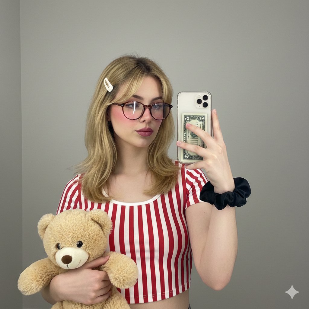 Young Woman Mirror Selfie with Teddy Bear | Casual Style Nano Banana提示词