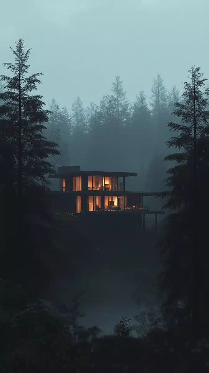 Modern Cabin in Forest Midjourney提示词