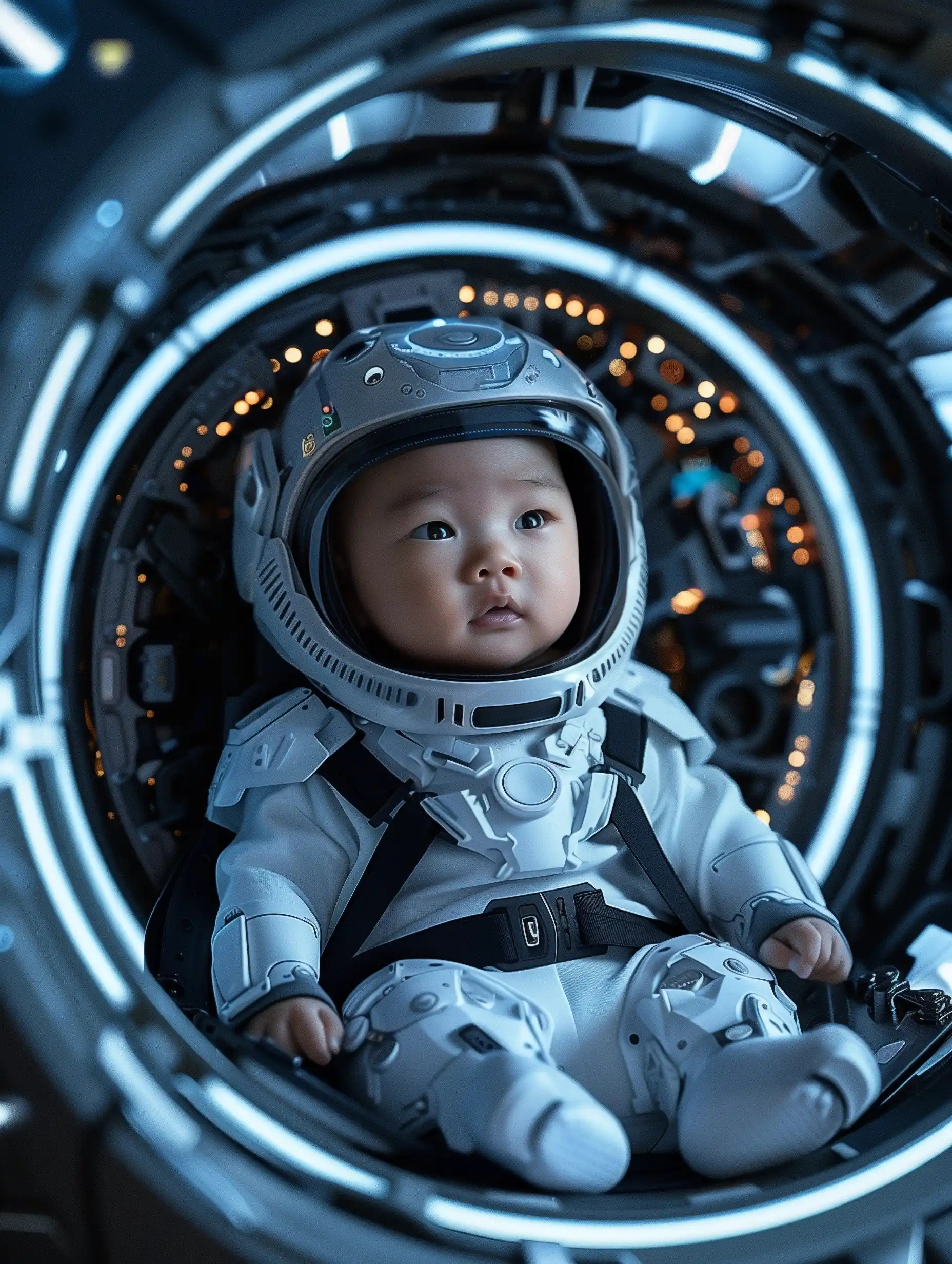 Futuristic Baby Engineer Factory Midjourney提示词