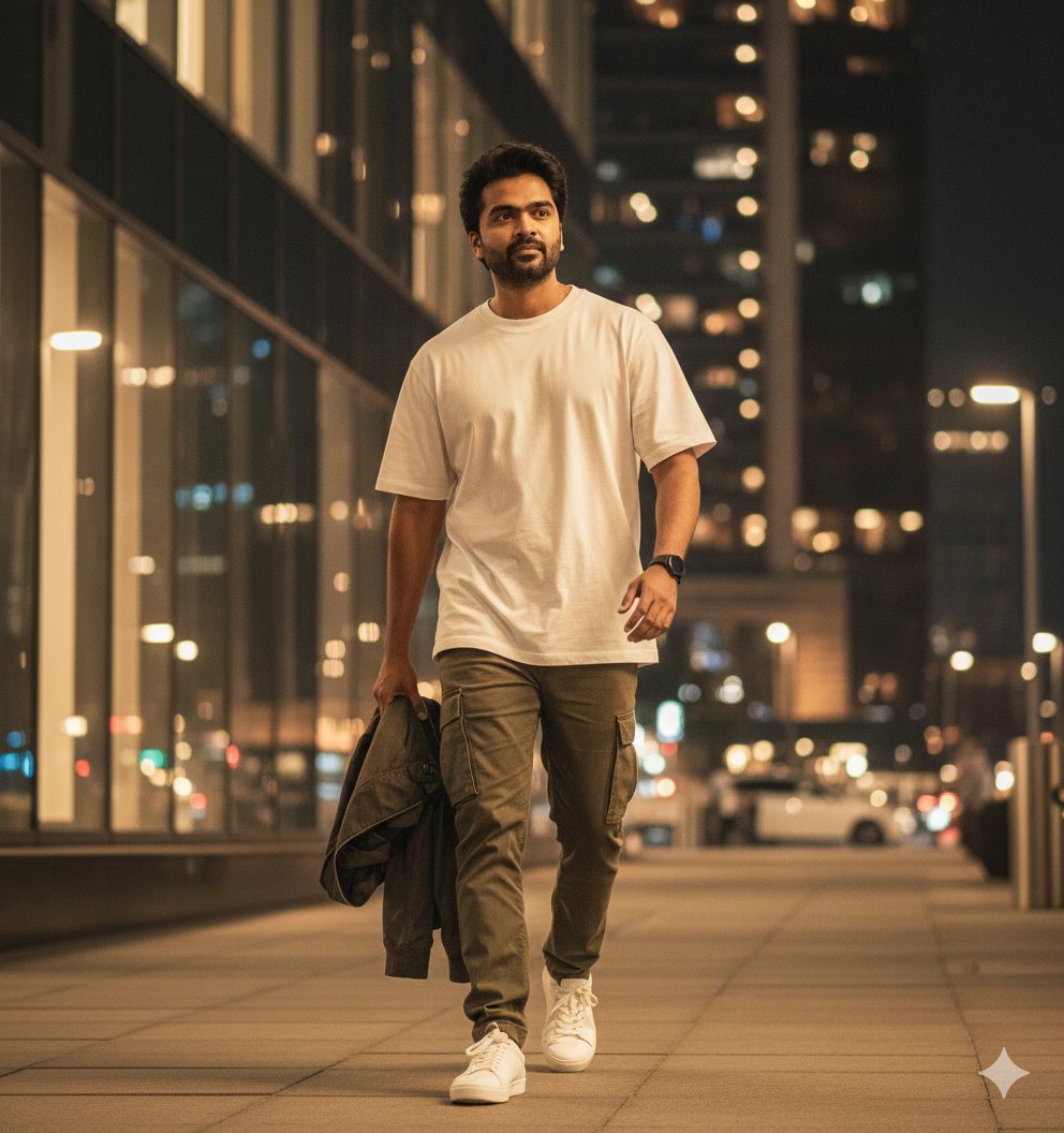 Urban Night Portrait: Man in Streetwear Walking City Sidewalk Nano Banana提示词