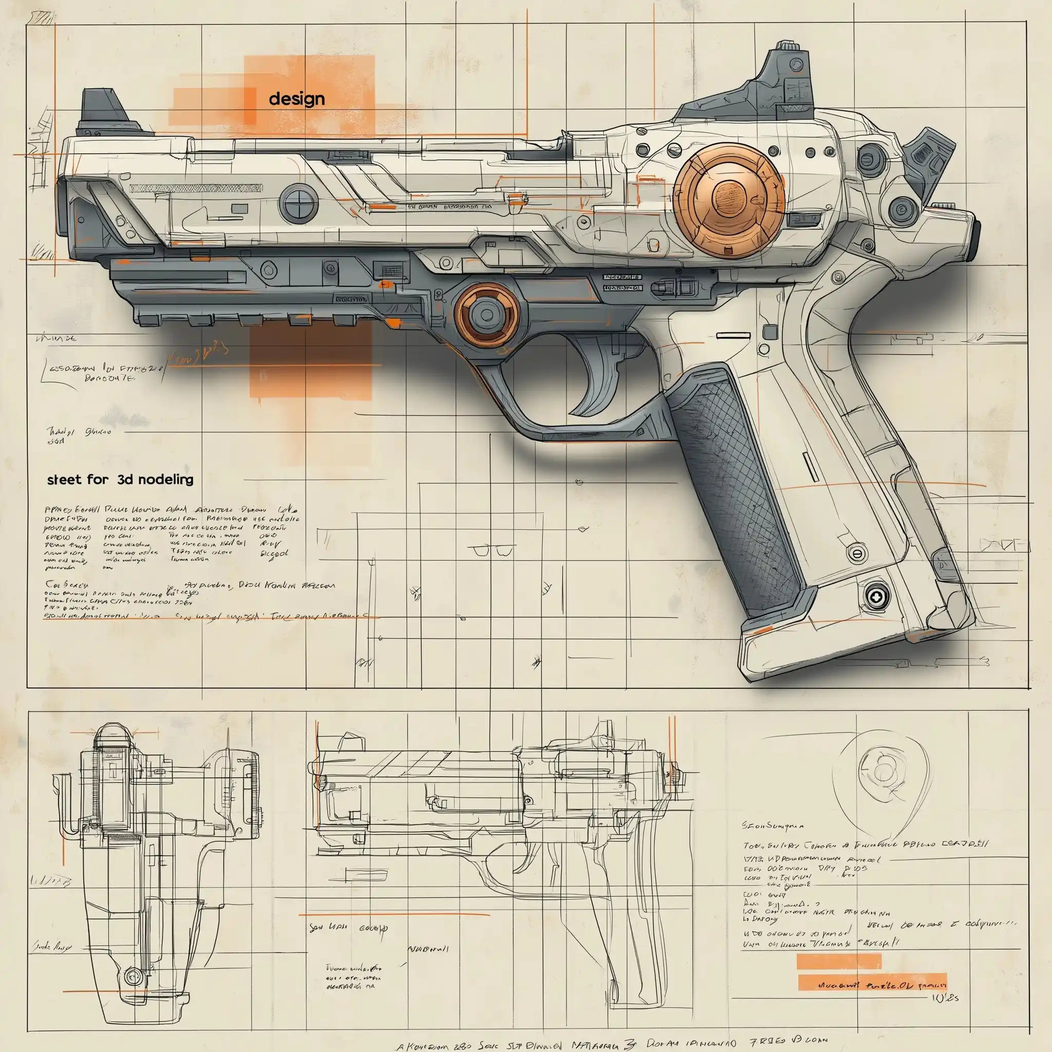 Sci-Fi Blaster Pistol Design Midjourney提示词