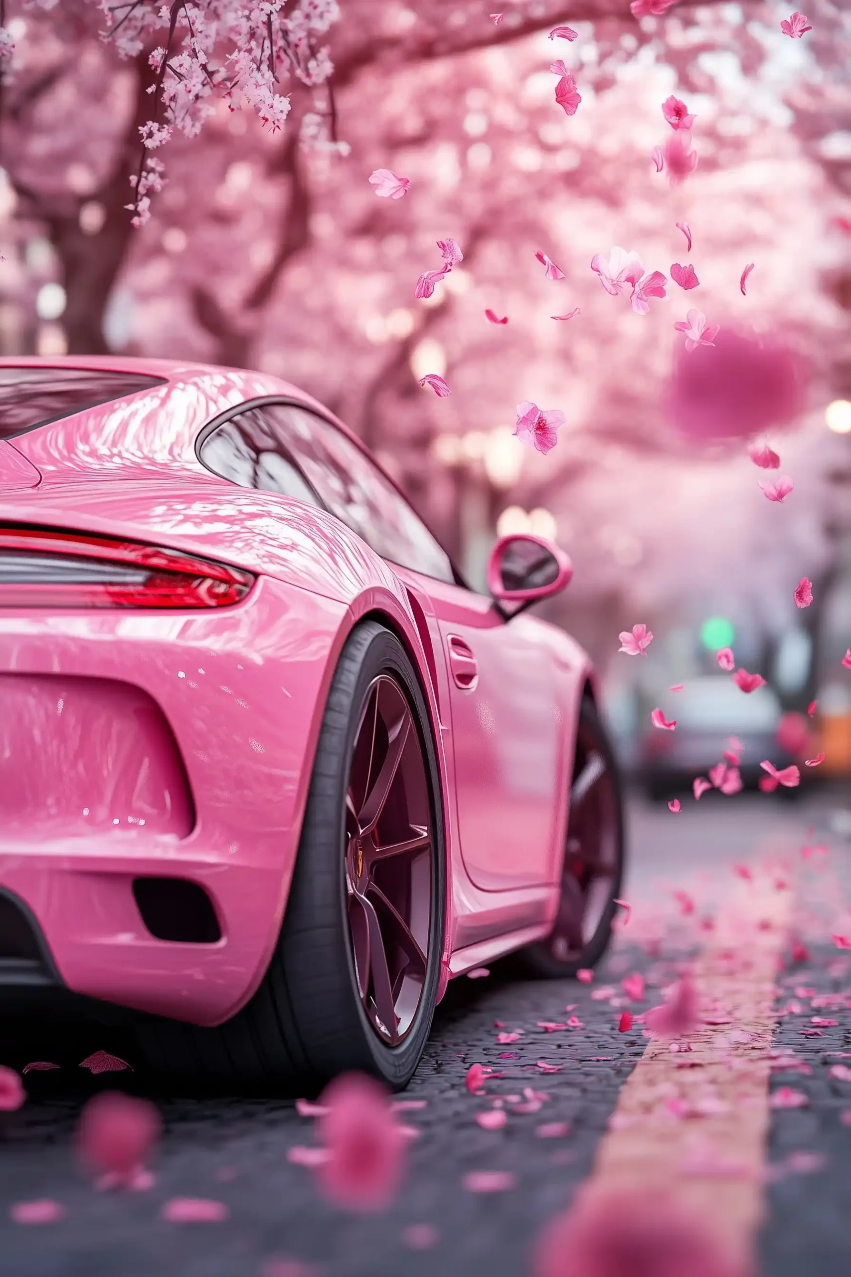Realistic Pink Porsche Amid Sakura Midjourney提示词