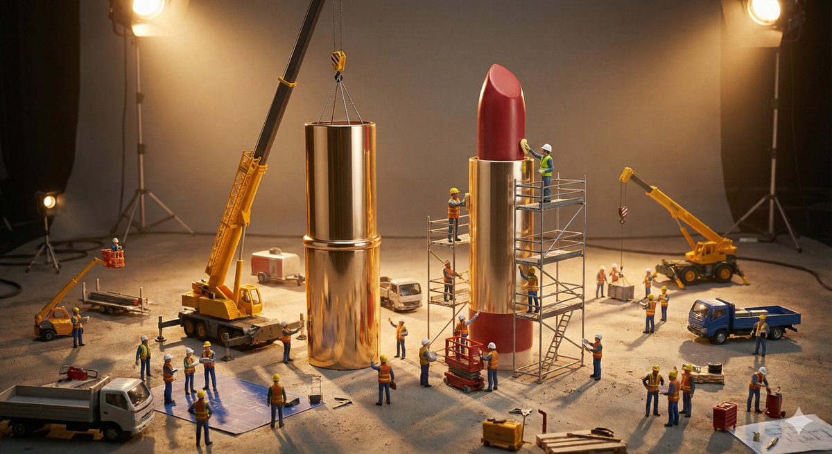 Photorealistic Diorama: Miniature Workers Build Lipstick Nano Banana提示词