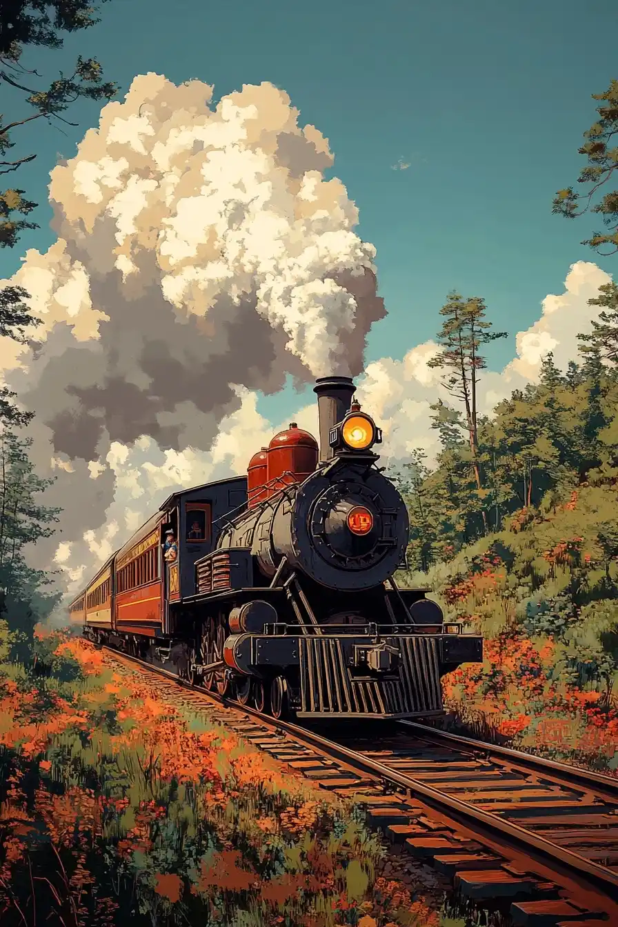 Cartoon Locomotive in Motion Midjourney提示词