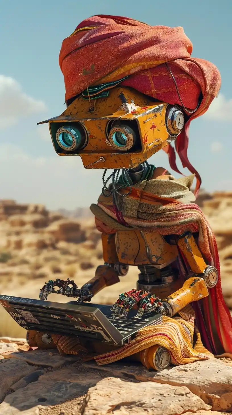Rusty Robot Desert Coding Midjourney提示词