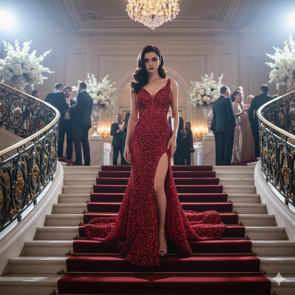 Elegant Woman in Red Gown on Grand Staircase - Fashion Photo Nano Banana提示词