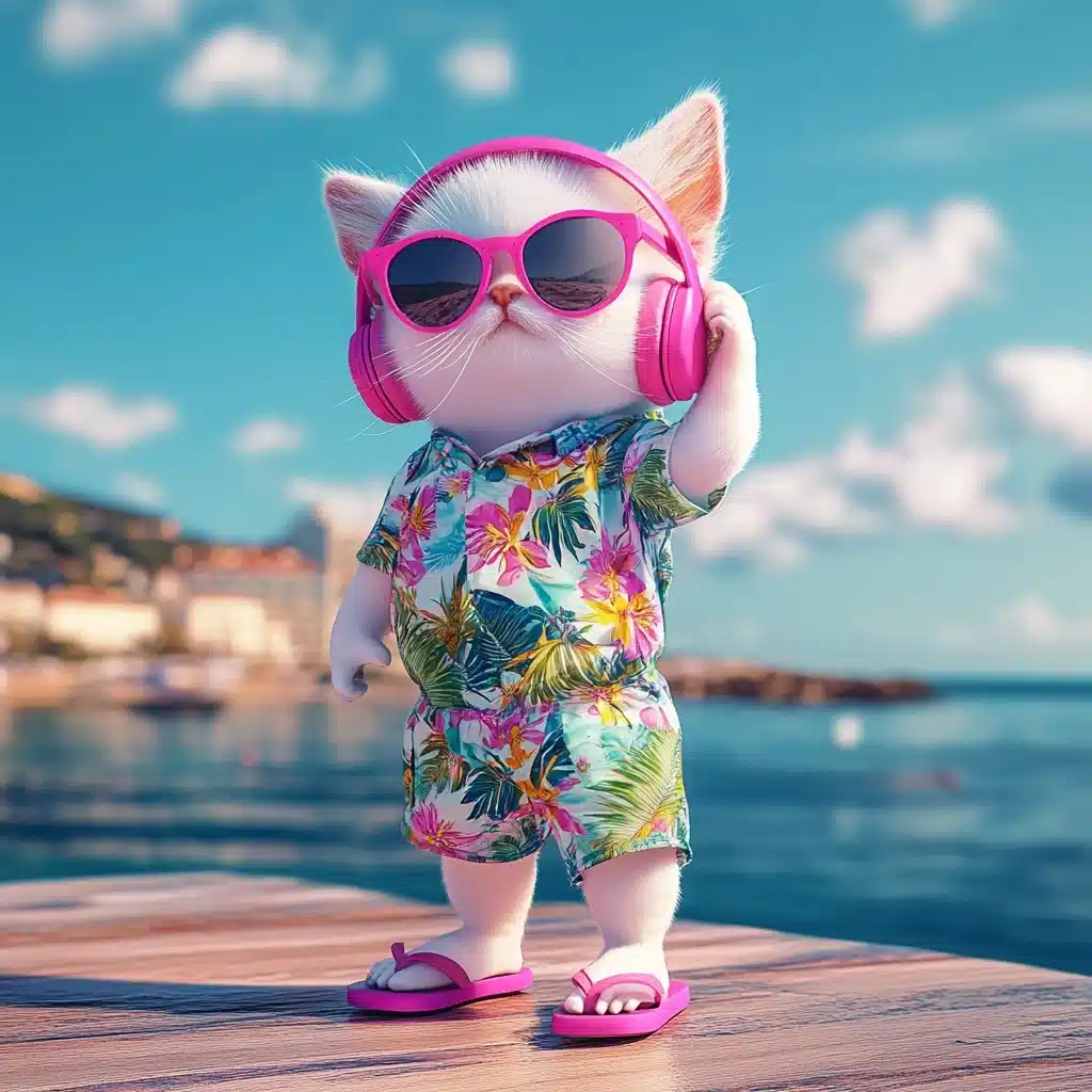 3D Fantasy Cat Beachwear Midjourney提示词