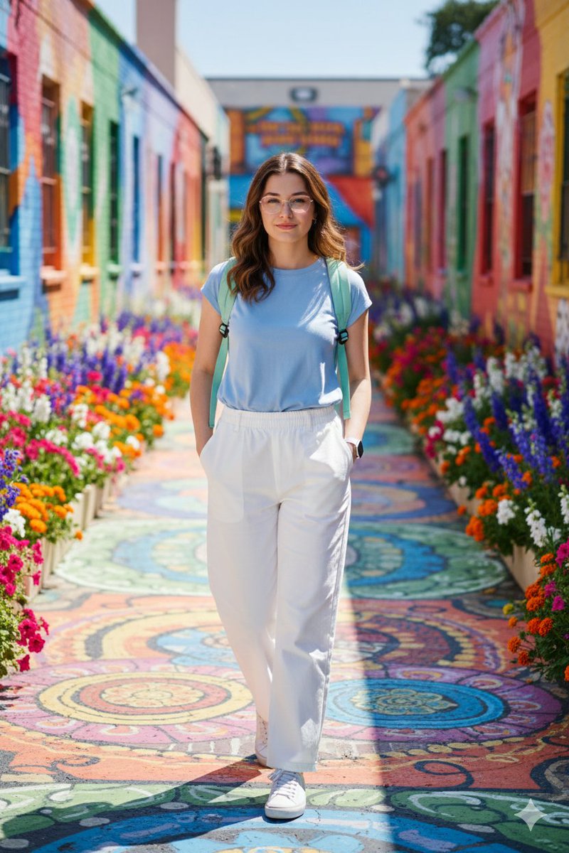 Young Woman in Colorful Alley | Vibrant Travel Portrait Nano Banana提示词