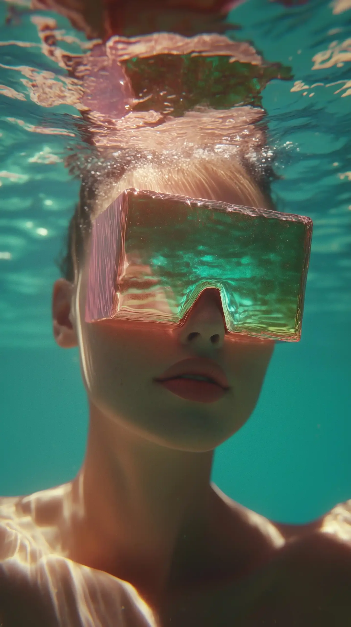 Iridescent Cube Woman Underwater Midjourney提示词