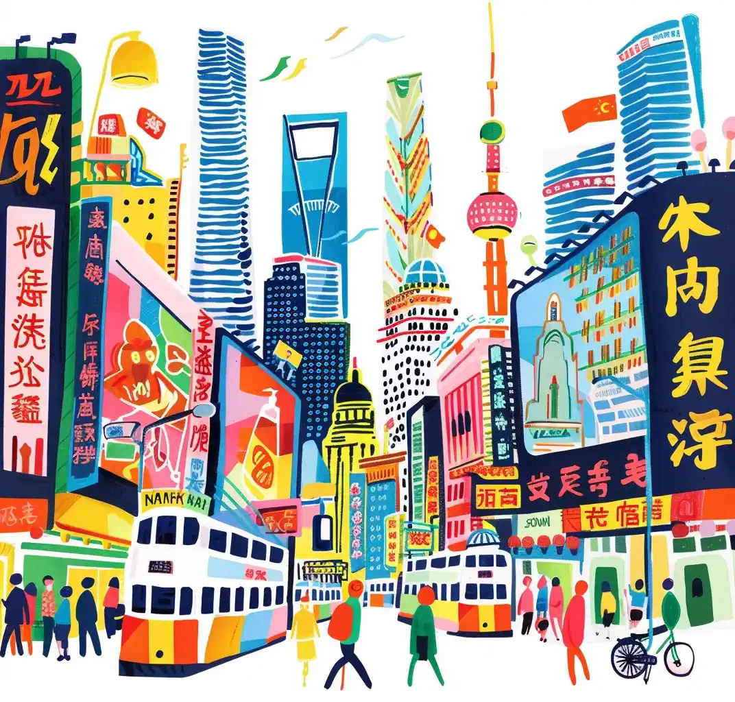 Colorful Shanghai Street Illustration Midjourney 提示词生成效果
