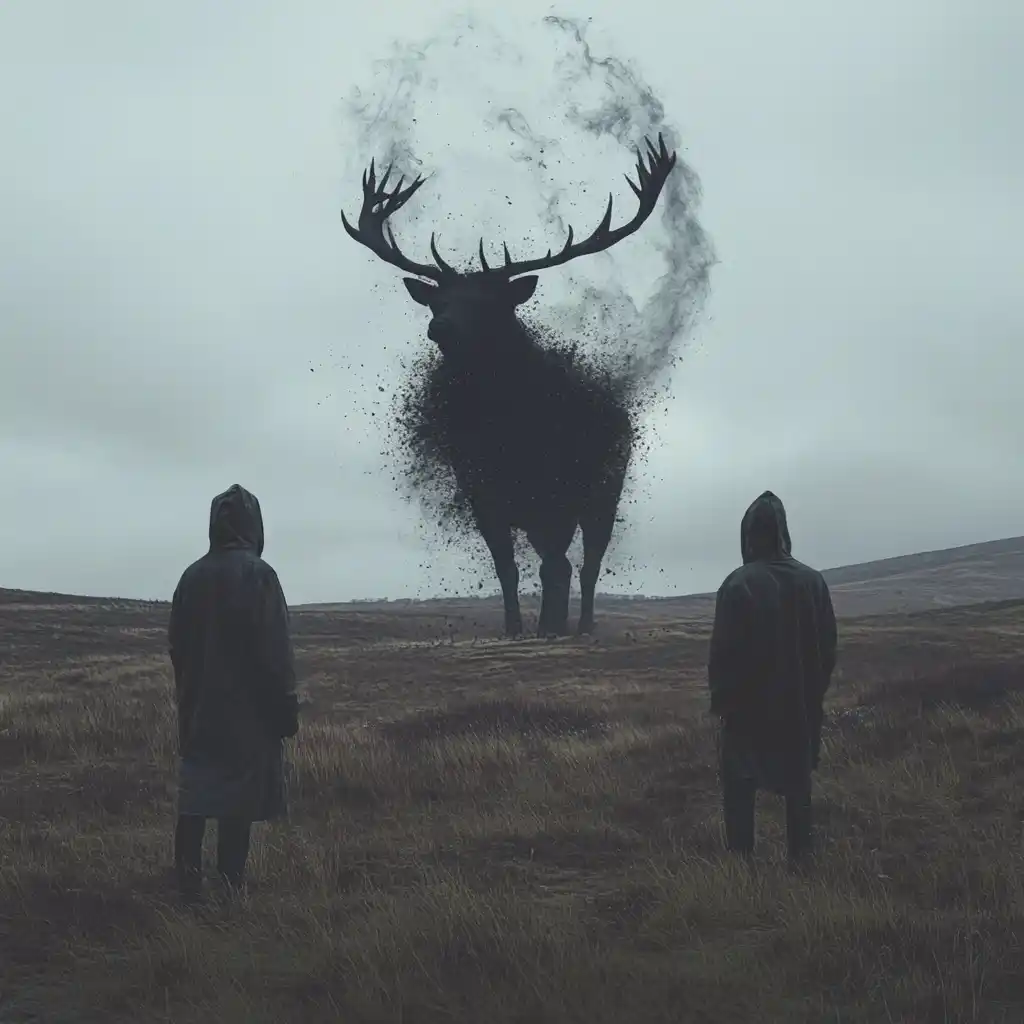 Hooded Figures and Disintegrating Stag Midjourney提示词