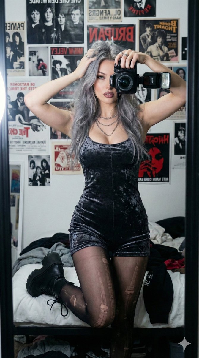 Edgy Woman Mirror Selfie: Velvet Romper & Ripped Tights Nano Banana提示词