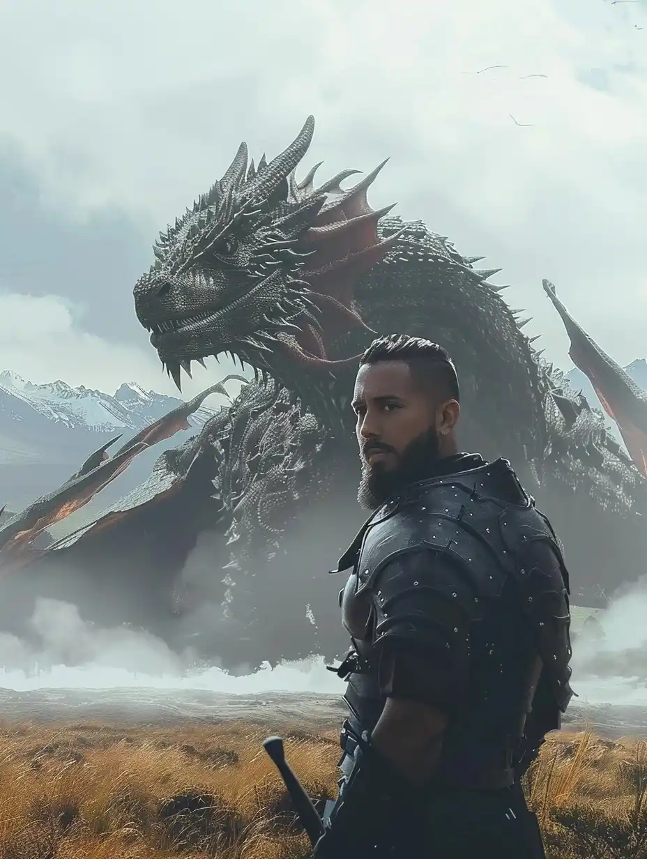 Armored Warrior Confronts Dragon Midjourney提示词