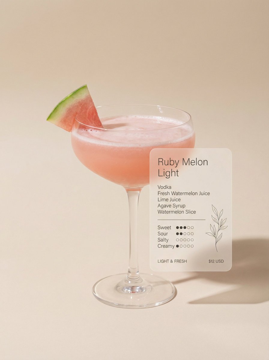Ruby Melon Light Cocktail – Fresh & Minimalist Drink Photo Nano Banana提示词